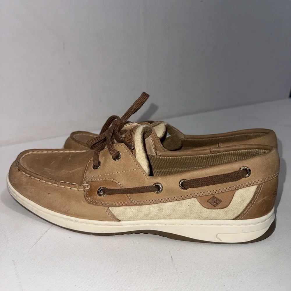 Sperry Bluefish Boat Shoes Linen Tan Old Money Classic Loafers Women's Size 10